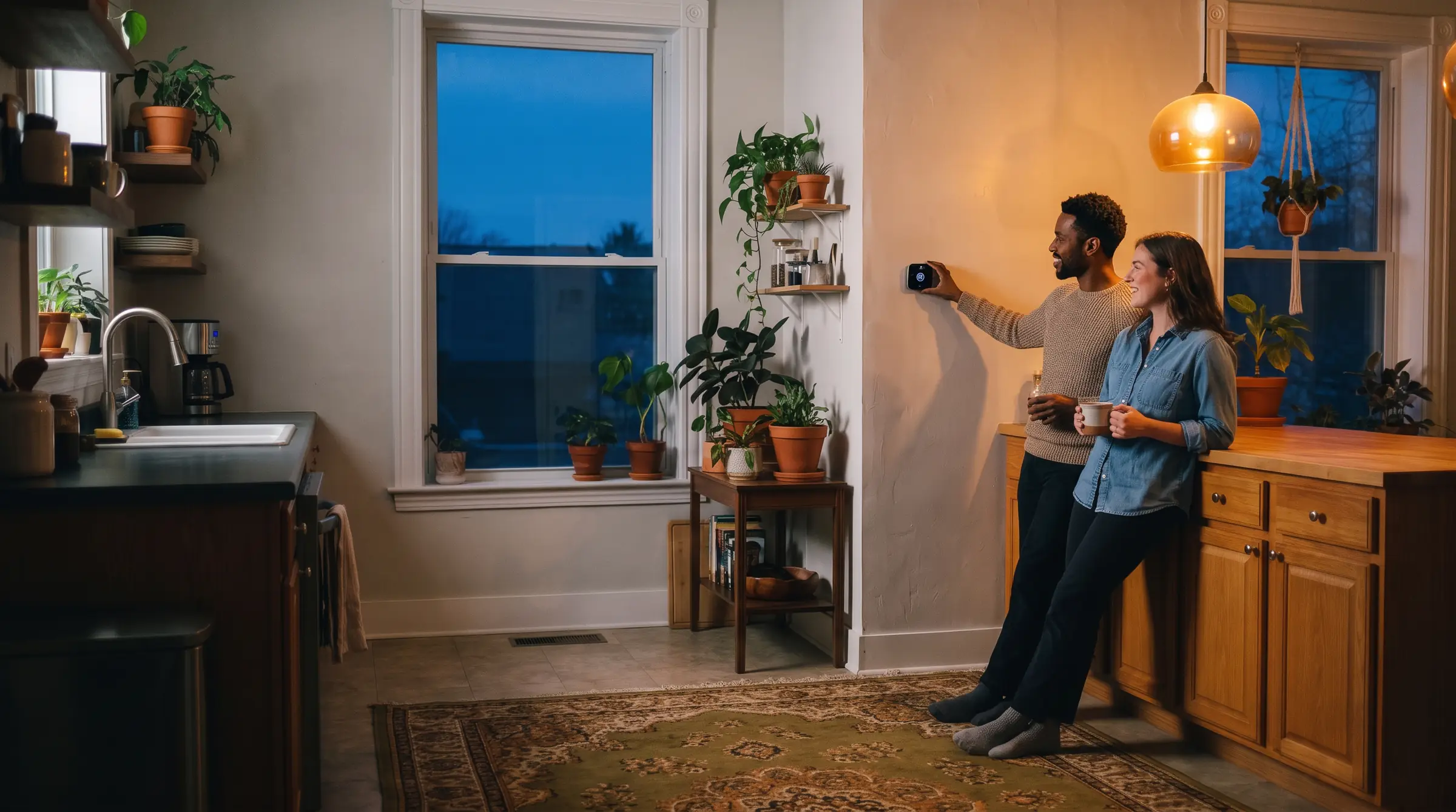A couple in their warmly lit kitchen at dusk, one of them adjusting the thermostat
