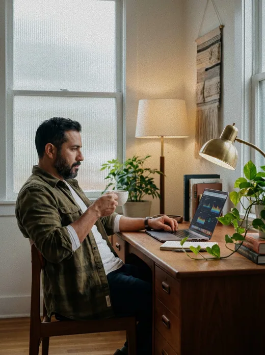A man working on a laptop at his desk by a sunny window