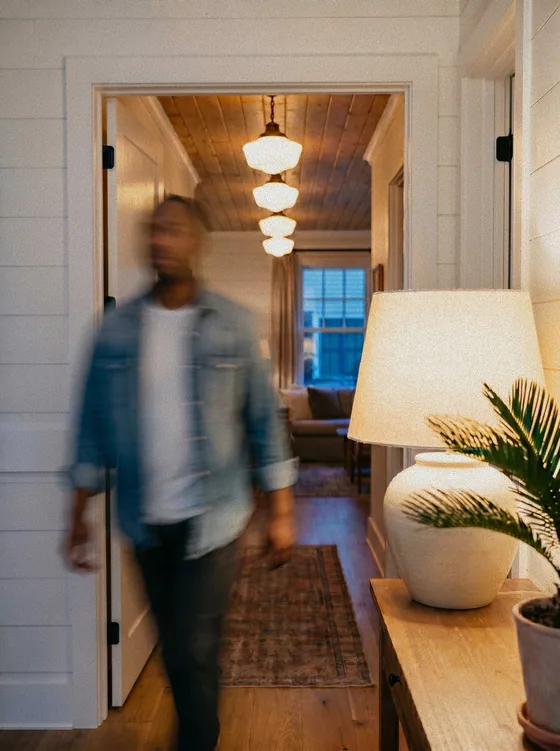 A man walking down the hallway of his lamp-lit home