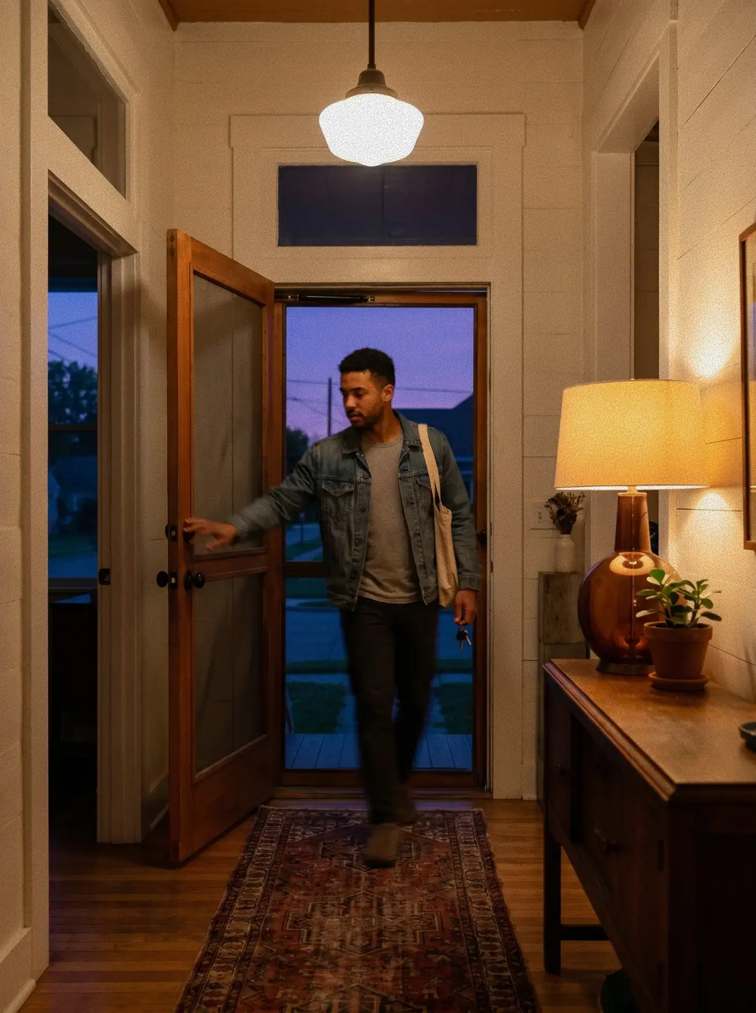 A man with a tote bag stepping into his lamp-lit home at dusk