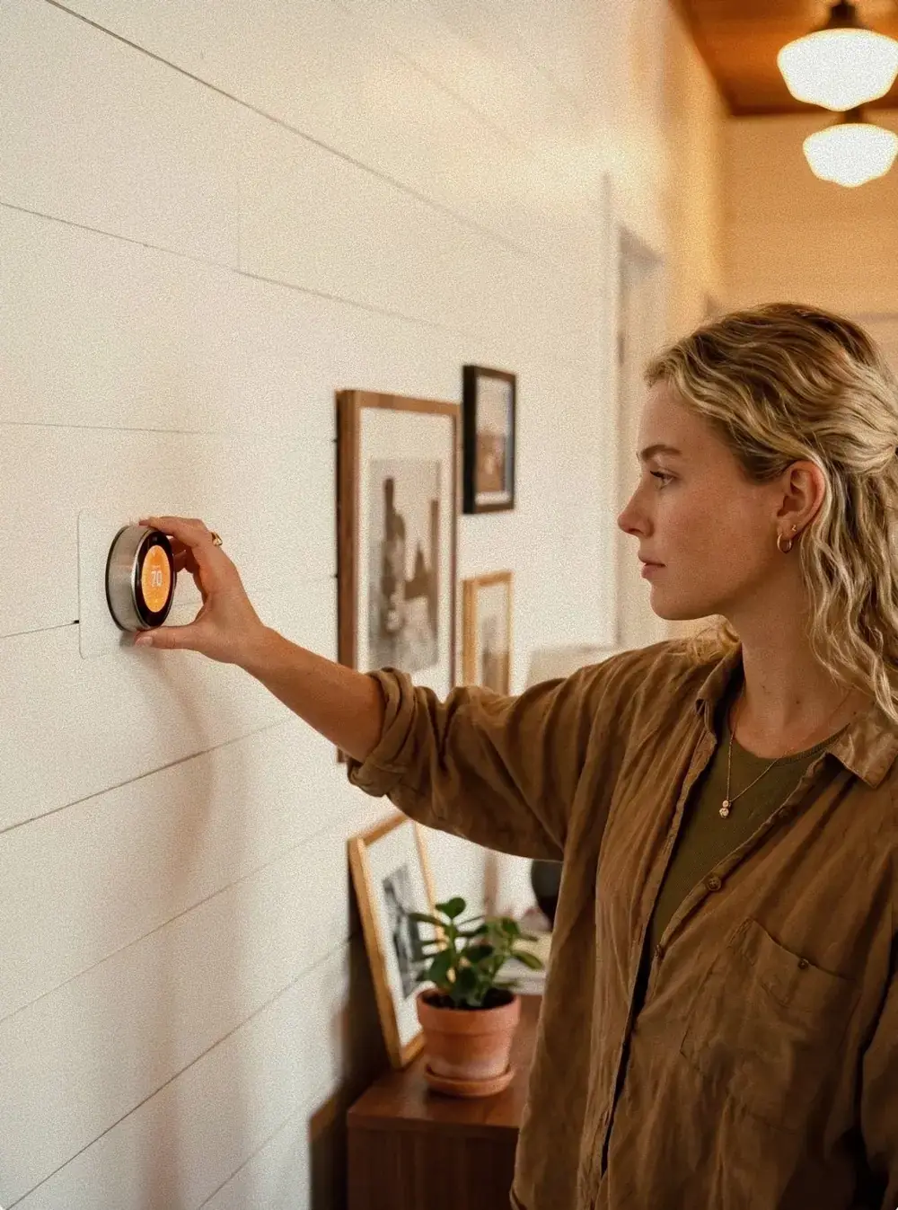 A woman adjusting the thermostat on her living room wall