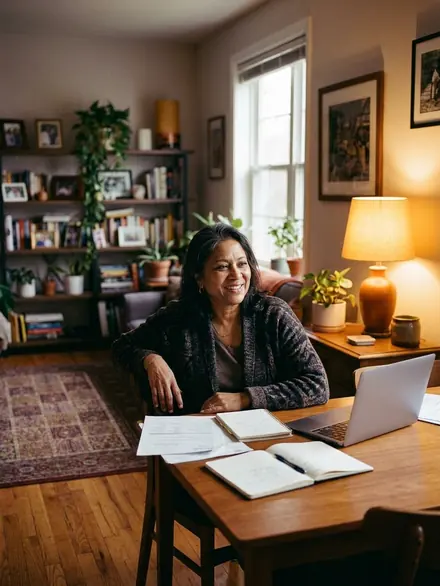 A smiling woman at her laptop in a lamp-lit living room