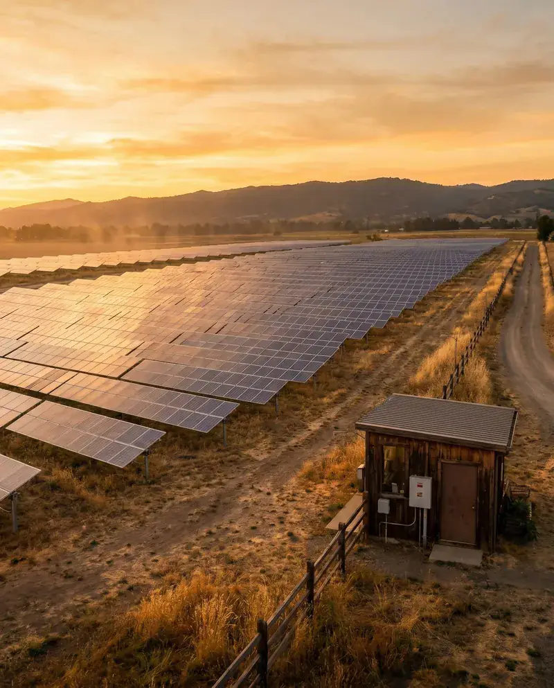 A community solar farm in a valley at sunset