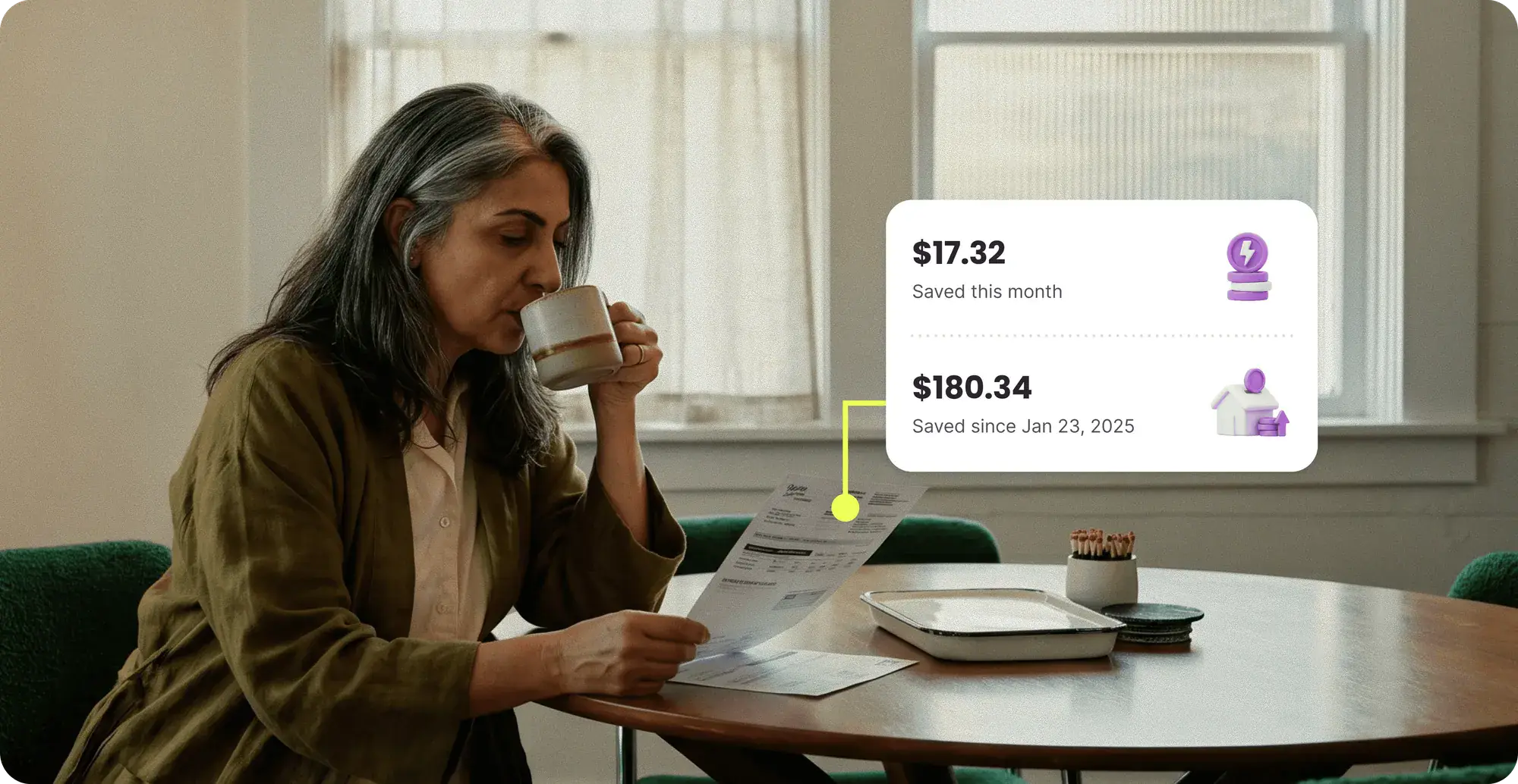A woman sipping coffee while reading her electricity bill, next to a Public Grid card showing $17.32 saved this month and $180.34 saved since January 2025